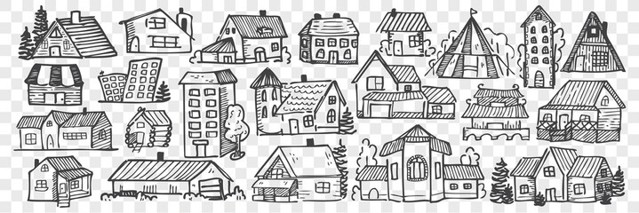 Fototapeta premium Hand drawn buildings doodle set.