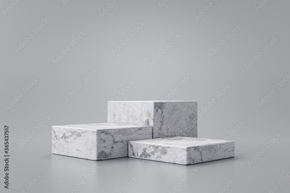 Fototapete Three step of white marble product display on gray background with modern backdrops studio. Empty pedestal or podium platform. 3D Rendering.