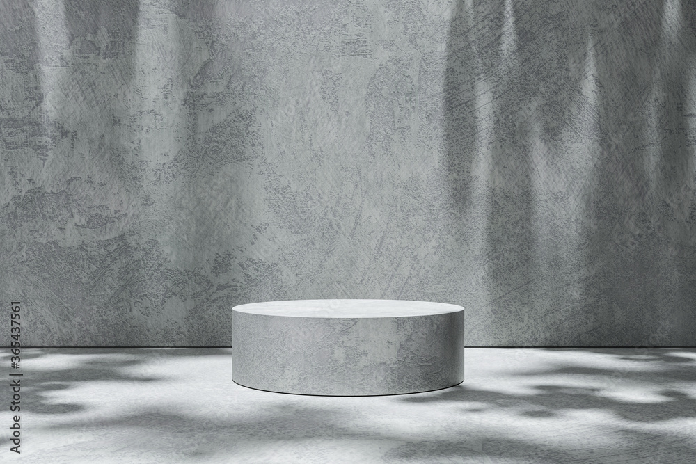 Fototapete Empty room scene backdrops product display on cement background with sunny shadow in blank studio. Empty pedestal or podium platform. 3D Rendering.