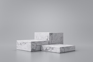 Three step of white marble product display on gray background with modern backdrops studio. Empty...