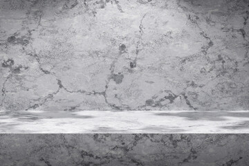 White scene backdrops and marble product display on gray background with sunny light studio. Empty pedestal or podium platform. 3D Rendering.