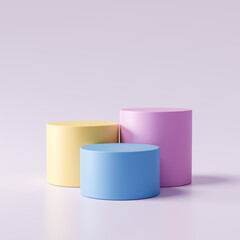 Three step of pastel color product display on modern background with blank showcase for showing. Empty pedestal or podium platform. 3D Rendering.