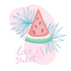 Welcome to Summer letting handwriting quote and watermelon. Emotional print with watermelon hand writing quote. Vector illustration with slices of watermelons.