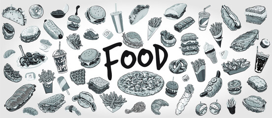 Hand drawn grayscale background with food and beverage varieties. - obrazy, fototapety, plakaty