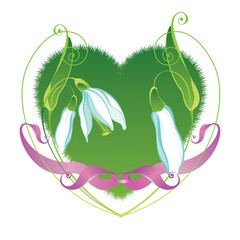 Romantic card or background with snowdrops and pink ribbon. Vector clipart with spring flowers.  