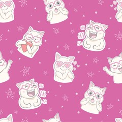 Seamless vector pattern with cats. Smiling cute cats background.