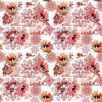 Patchwork with sunflowers and ornaments, seamless pattern.