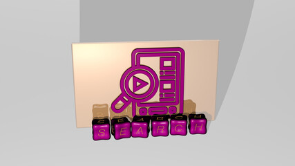 3D representation of SEARCH with icon on the wall and text arranged by metallic cubic letters on a mirror floor for concept meaning and slideshow presentation. illustration and business