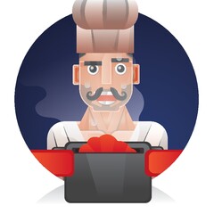 chef holding a pot of hot dish