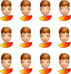 Set of child character's different facial expression. Collection various emotions. Collage of human emotional feelings or mood. Cartoon style vector illustration. Clipart Isolated on white background