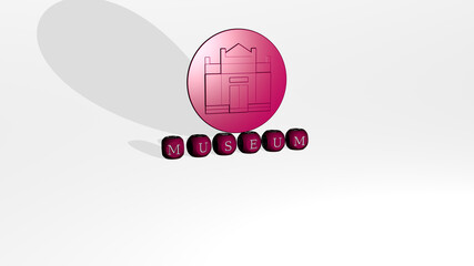 3D representation of MUSEUM with icon on the wall and text arranged by metallic cubic letters on a mirror floor for concept meaning and slideshow presentation. editorial and architecture