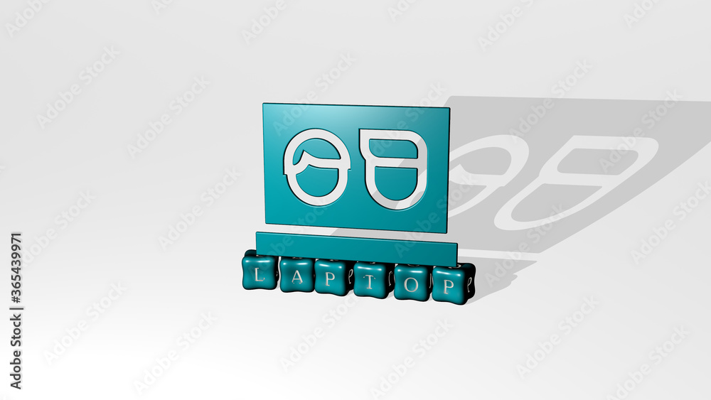 Fototapete 3D illustration of laptop graphics and text made by metallic dice letters for the related meanings of the concept and presentations. computer and business