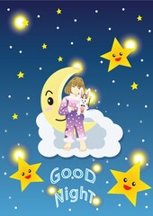 Fototapeta premium girl on moon wishing good night