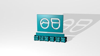 3D illustration of laptop graphics and text made by metallic dice letters for the related meanings of the concept and presentations. computer and business