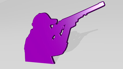 gun stand with shadow. 3D illustration of metallic sculpture over a white background with mild texture. army and black