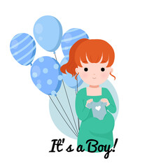 Baby gender reveal boy. Baby shower illustration. Cute pregnant lady holding baby clothes. Flat vector isolated on white background