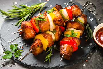 Shish kebab at skewers with vegetable.