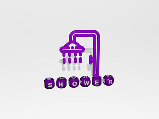 Fototapeta premium 3D illustration of shower graphics and text made by metallic dice letters for the related meanings of the concept and presentations. baby and background