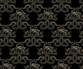  Golden lotuses and snakes on a black background. Seamless geometric pattern.Vector texture in oriental style.