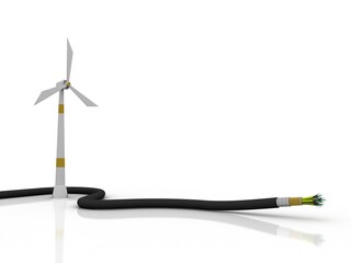 3d rendering Fiber optical cable detail connected Wind Turbine