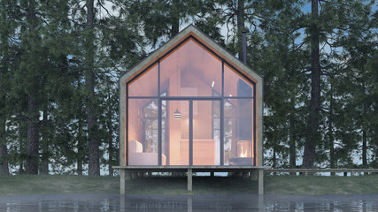 Fototapeta na wymiar Secluded tiny house on the sandy shore of a lake with fog in a coniferous forest in cold cloudy lighting with warm light from the Windows. Stock 3D illustration