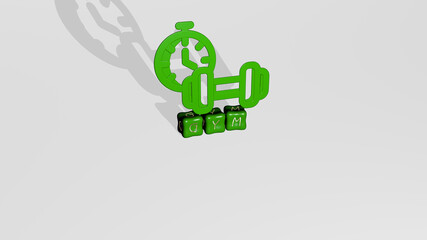 3D graphical image of GYM vertically along with text built by metallic cubic letters from the top perspective, excellent for the concept presentation and slideshows. fitness and exercise