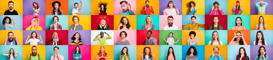 Poster Photo collage of group of glad cheerful excited astonished funky scared surprised people person youngsters children having bright facial expressions isolated over multicolored background © deagreez