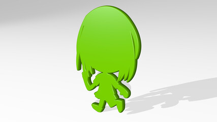 GIRL stand with shadow. 3D illustration of metallic sculpture over a white background with mild texture. beautiful and woman