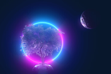 Abstract neon background, mystical space planet with a tree sprouted on it in the light of pink blue ultraviolet light glowing ring round frame, 3d dark illustration with copy space