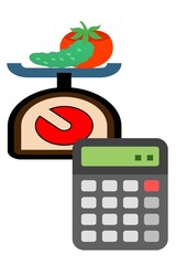 calculator on background of cucumber with tomato on weight scales