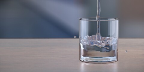 Bottle pouring water in a glass, blur background. 3d illustration