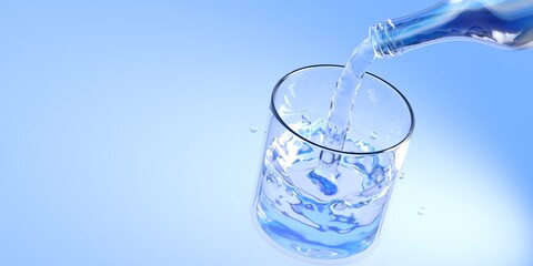 Bottle pouring water in a glass, pastel blue color background. 3d illustration