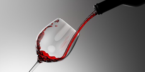 Red wine pouring. Wine bottle pouring red wine in a crystal goblet closeup view. 3d illustration