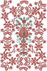 geometric lines in floral ornamental pattern in red with black on white background