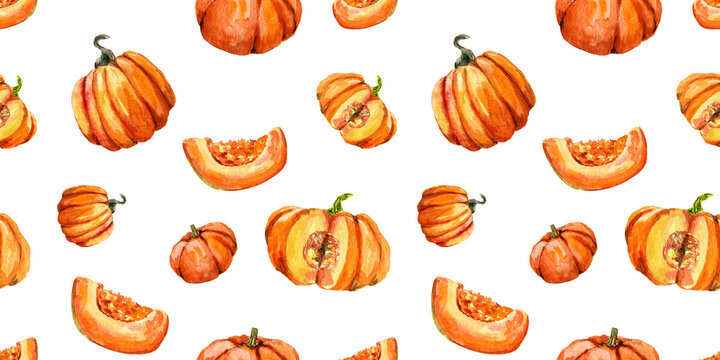 Seamless pattern. pumpkin isolated illustration for halloween and Fall on white background. Watercolor hand painted orange round and cut pumpkins. autumn textile, wrapping paper, fabric.