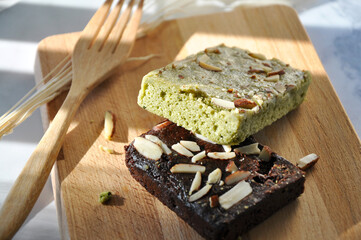 Close up Pieces of Matcha Brownie and Dark Chocolate Brownie