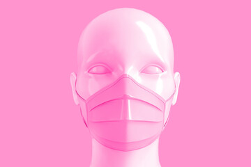 Medical concept, the concept of prohibition of freedom of speech. Women's shiny fashionable head in a medical mask colored on a pink background. 3D stock illustration.