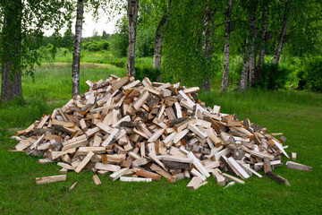 A large pile of firewood on the meadow. Trees/timber has been cut and split into firewood to be used as fuel for heating in fireplaces and furnaces in the.