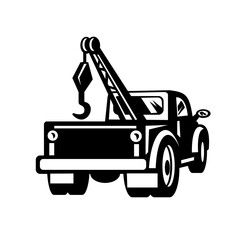 Fototapeta na wymiar Vintage Tow Truck or Wrecker Pick-up Truck Rear View Retro Black and White