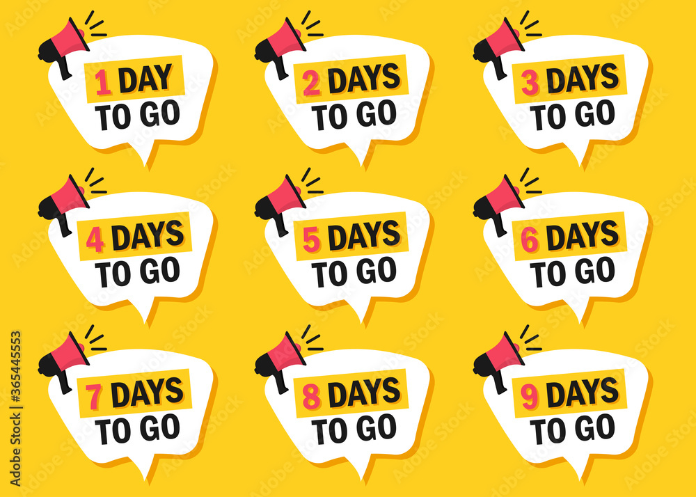 Aufkleber Set of number of days left to go icons with megaphone in a flat design