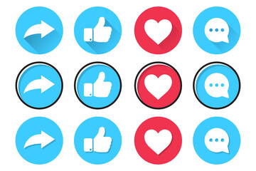 Set of social network icons in a flat design. Share, like, heart and comment