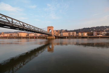 Vienne city with the footbridge over Rhone River and Saint Maurice Cathedral 