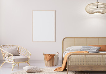 Mockup frame in bedroom interior background with natural wooden furniture, Scandinavian boho style, 3d render
