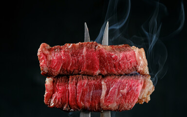 Sliced and steaming rare rib eye steak on a fork on a dark background, close up