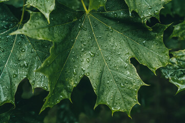Green maple leaf after the rain. Closeup