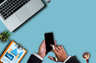 Top view office desk with laptop, Minimal work space.