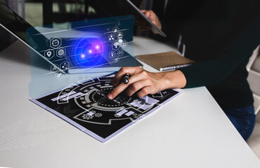 Business hands of using smartphone with Digital marketing media and virtual globe shape diagram. Business Financial icons graphs. Work from home.