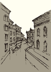 Street canal in Venice. Vector drawing