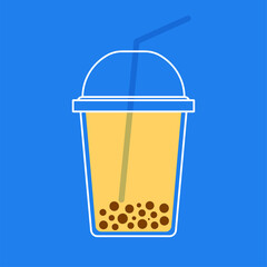 a cup of boba milk tea on blue background. Isolated Vector Illustration