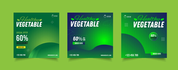 Food Social Media Banner for marketing, Restaurant Instagram promotion post, healthy green food sale banner, vegan restaurant discount square template